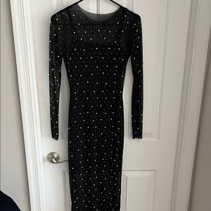 Black Long Sleeve Polka Dot Sheer Yoke Dress
